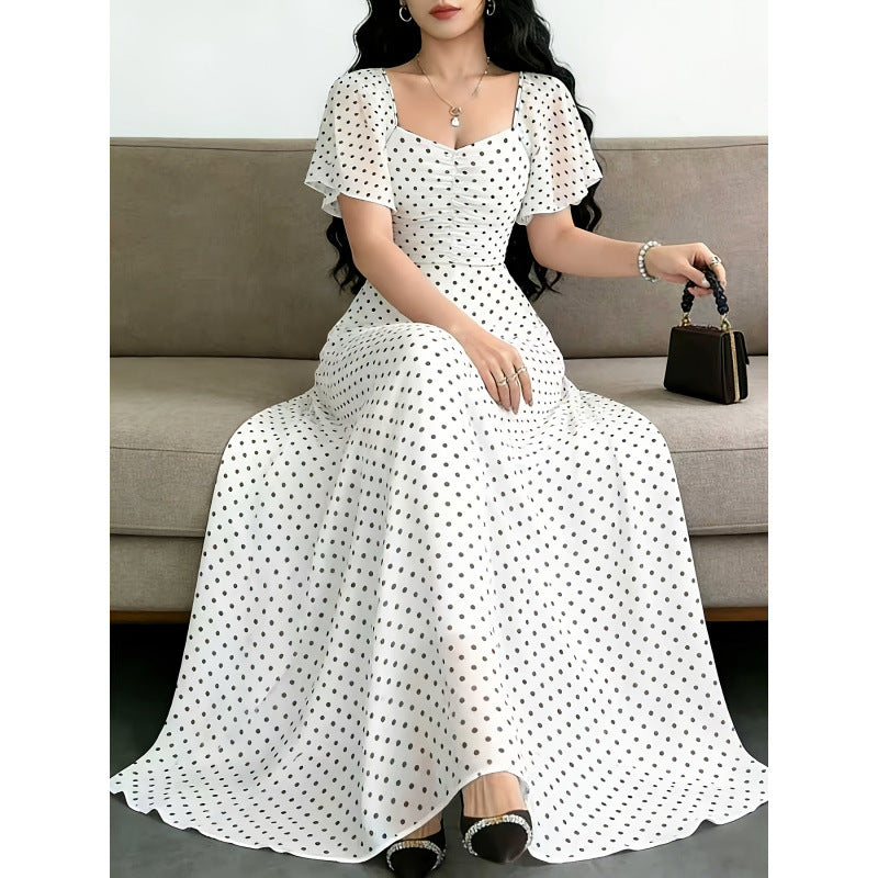Women's summer new french chic ruffle sleeve fitted waist a-line chiffon maxi dress