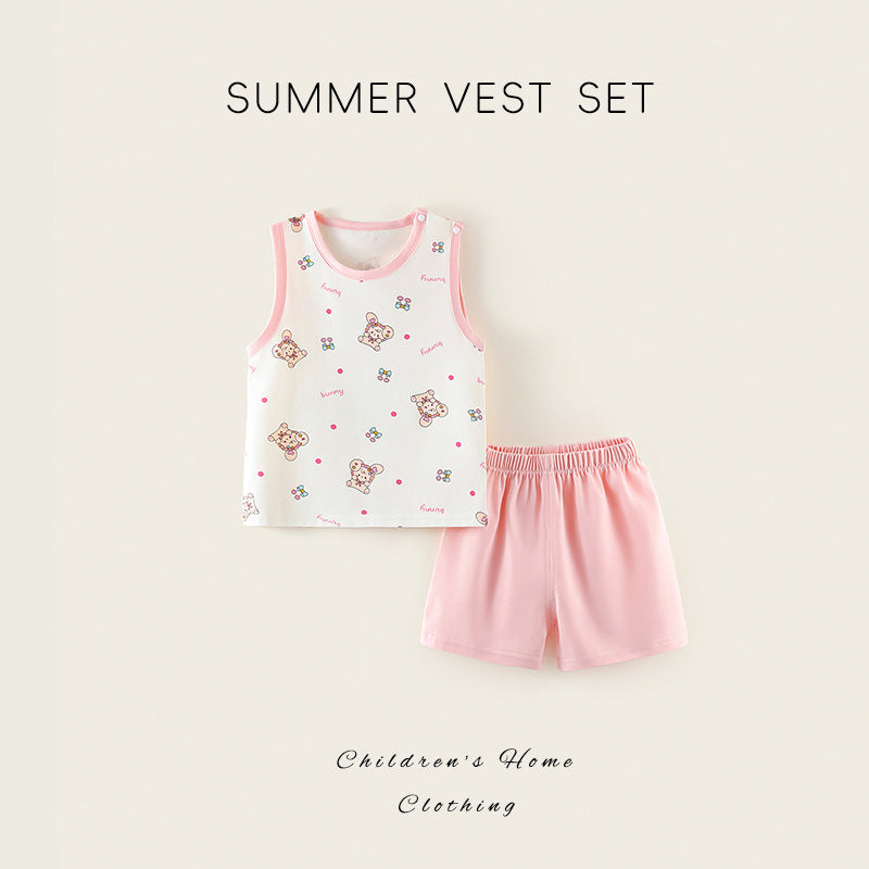Baby summer suit thin baby clothes boys and girls outing jacquard separatespure cotton vest shorts kids