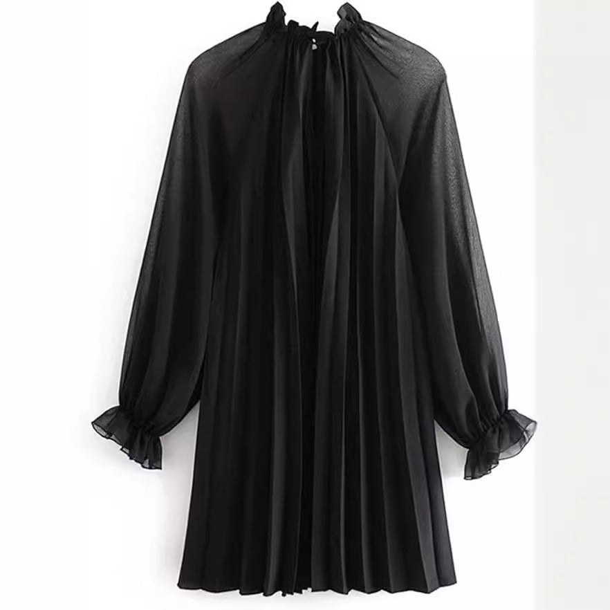 European and american style women's fashion:  autumn new arrival - solid color long sleeve stand collar loose pleated dress
