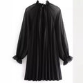 European and american style women's fashion:  autumn new arrival - solid color long sleeve stand collar loose pleated dress