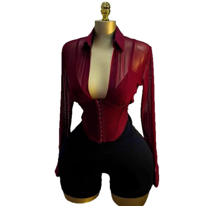 European and american cross-border women's fashion:  summer new arrival - elegant, designer-style, collared, cinched-waist, short, long-sleeved shirt top