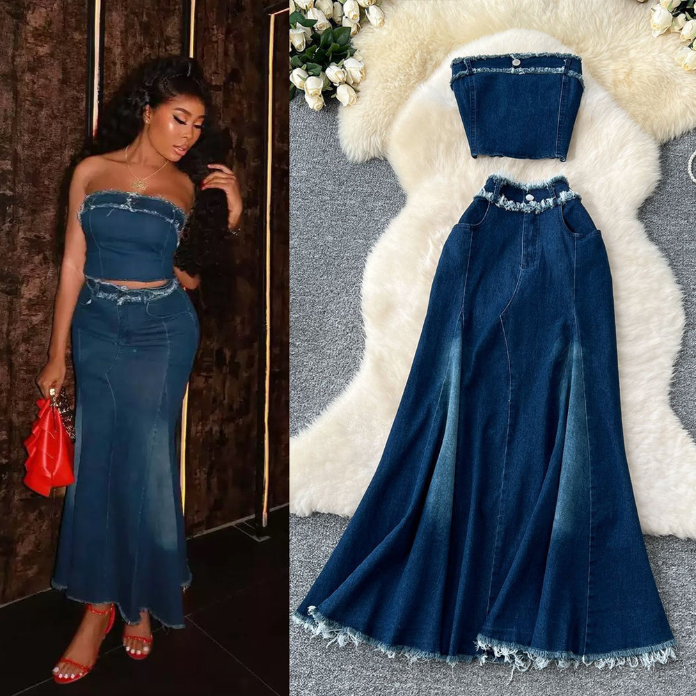American hot girl outfit: sexy frayed sleeveless bandeau top with high-waisted fishtail denim skirt two-piece set