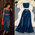 American hot girl outfit: sexy frayed sleeveless bandeau top with high-waisted fishtail denim skirt two-piece set