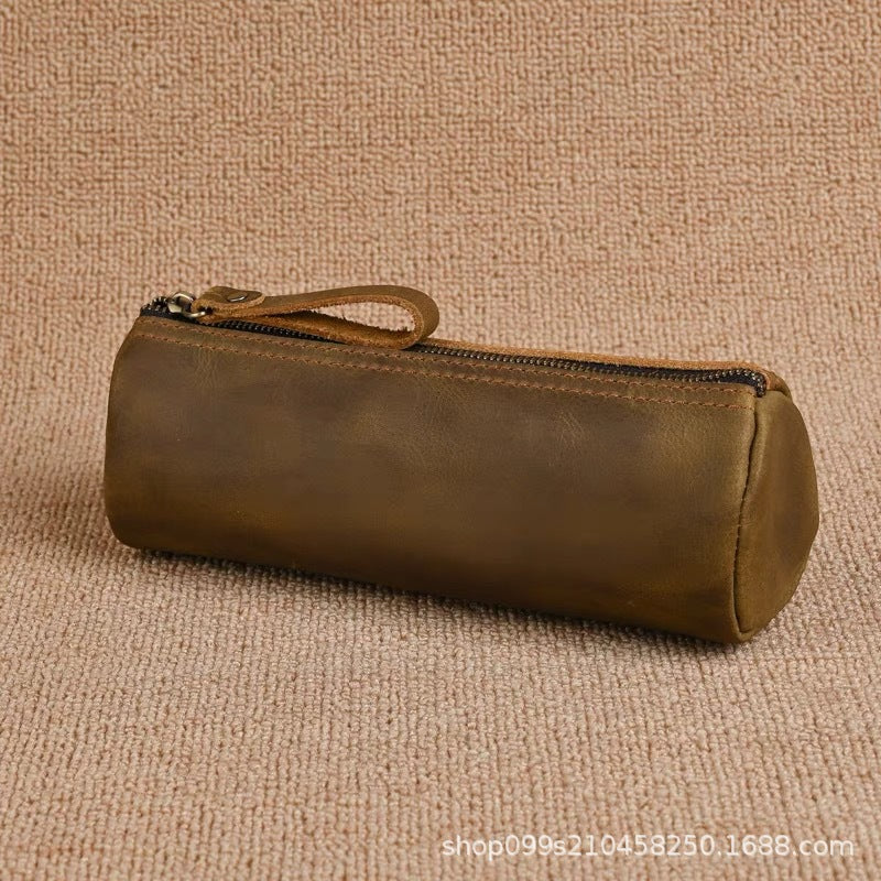 Hot-selling retro genuine leather stationery pencil case, top grain crazy horse leather handmade coin purse, student stationery organizer