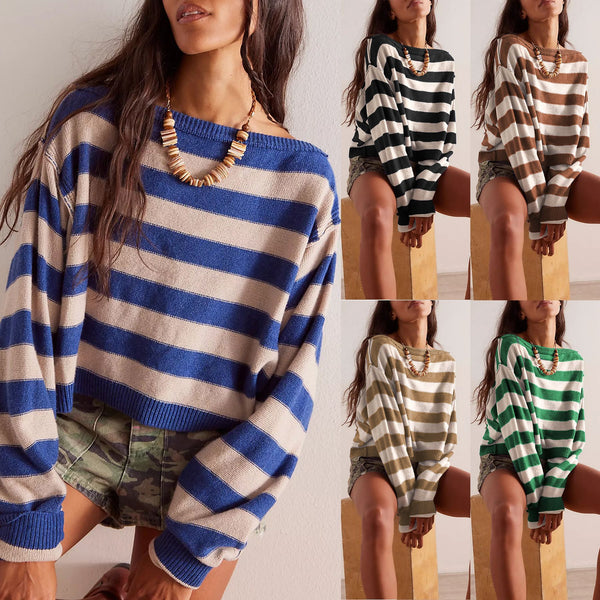 New 2025 autumn and winter   independent station pullover loose sweater striped short knitted sweater European beautiful woman
