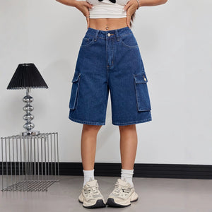 European and american retro workwear denim shorts - women's high-waisted straight-leg wide-leg mid-length shorts with large pockets - loose fit, slimming