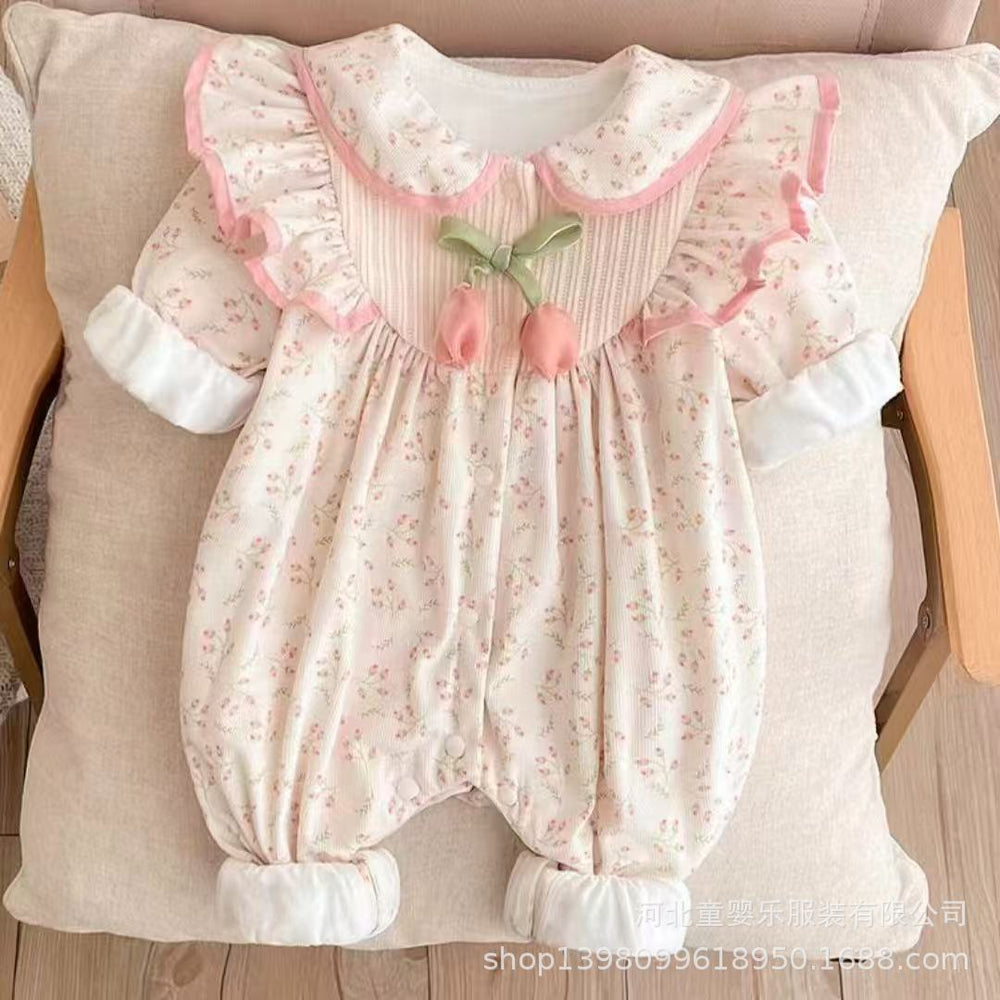 Baby clothes spring and autumn newborn baby girl one-piece double layer outing cute princess hundred days outwearwinter rompers