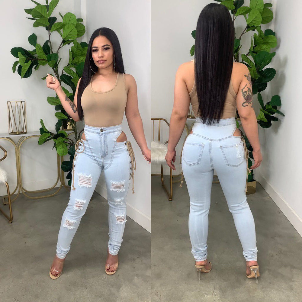 European and american export jeans -  women's fashion hot girl sexy side eyelet tie-up distressed stretch jeans