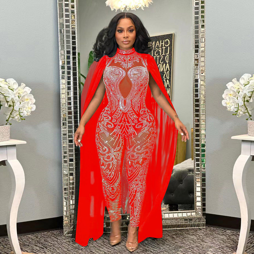 S390446  Cross-border Foreign Trade Fashion Sexy Mesh Perspective Hot Diamond Sleeve Suspender Jumpsuit Women