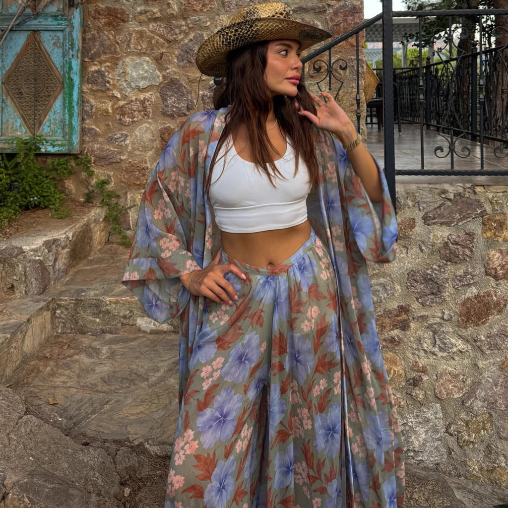 Cross-border European and American suit women's long-sleeved cardigan printed shirt wide-leg trousers  new holiday style two-piece set women