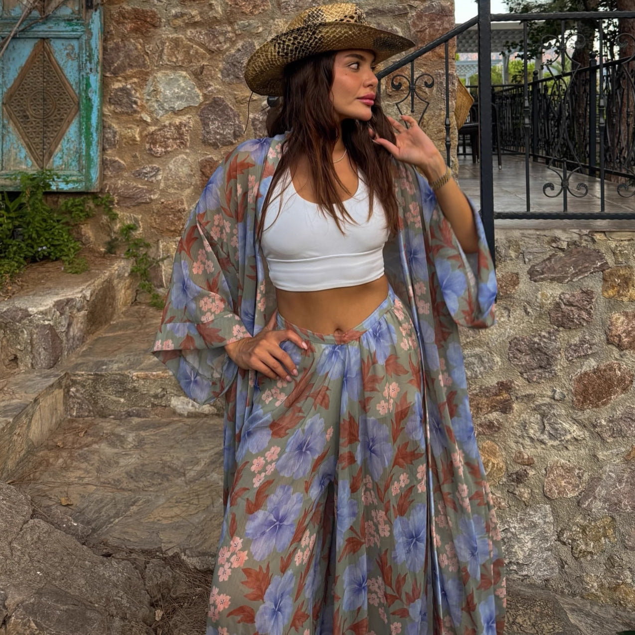 Cross-border European and American suit women's long-sleeved cardigan printed shirt wide-leg trousers  new holiday style two-piece set women