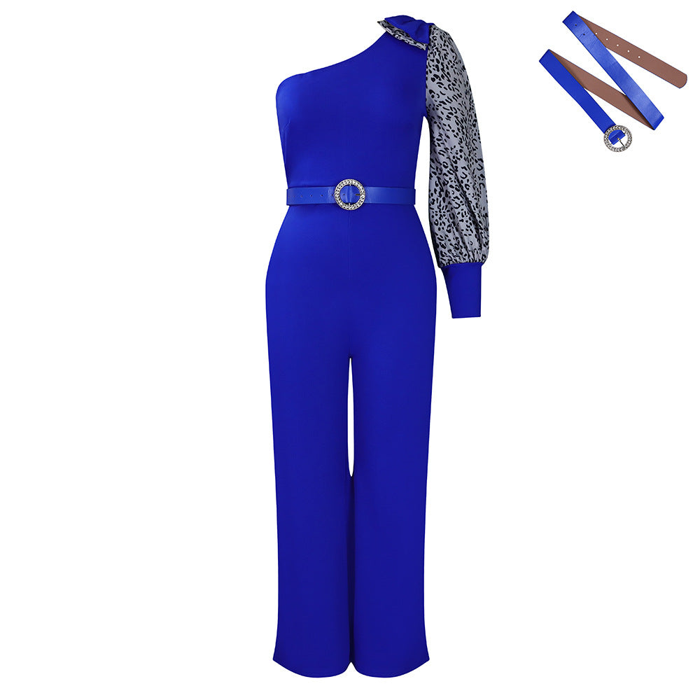 D405p with belt independent station foreign trade women's clothing slanted shoulder sexy waist elegant wide leg large size european and american jumpsuit