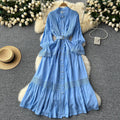 French court retroelegancedress women's stand collar bell sleeves waist single breasted lacepatchwork large swing long skirt