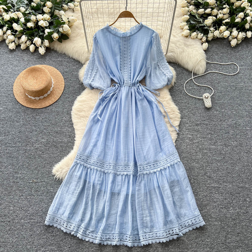 French chic lace-trimmed lantern sleeve dress - slimming, elegant, and flowy maxi dress with tie waist
