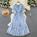 French chic lace-trimmed lantern sleeve dress - slimming, elegant, and flowy maxi dress with tie waist
