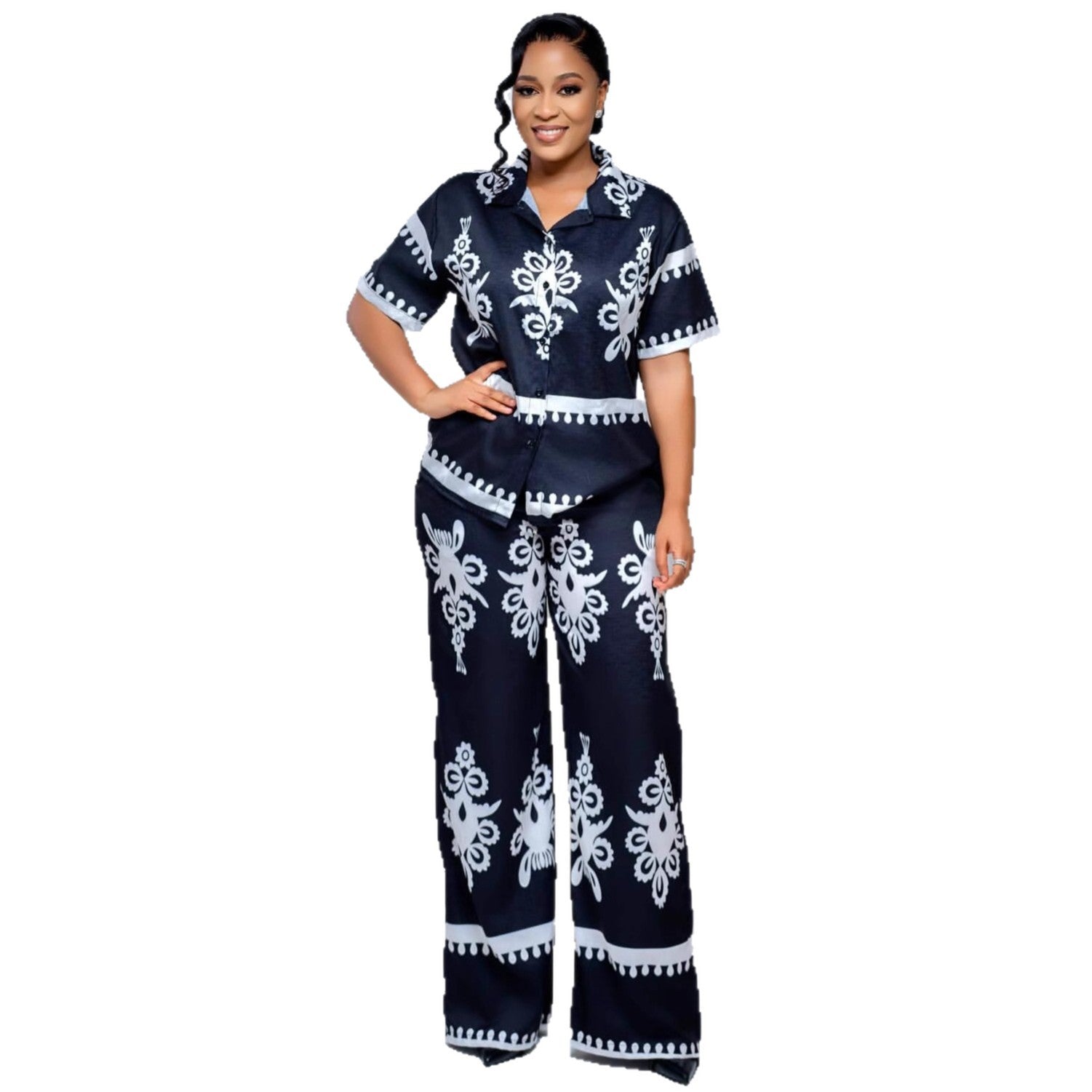 European and American large-size women's clothing short-sleeved lapel positioning printed cardigan shirt African loose foreign style high waist trousers set