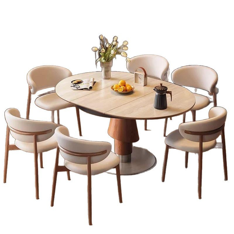Vintage-style extendable dining table, foldable convertible round table, round travertine rock slab solid wood high-end round table for home use