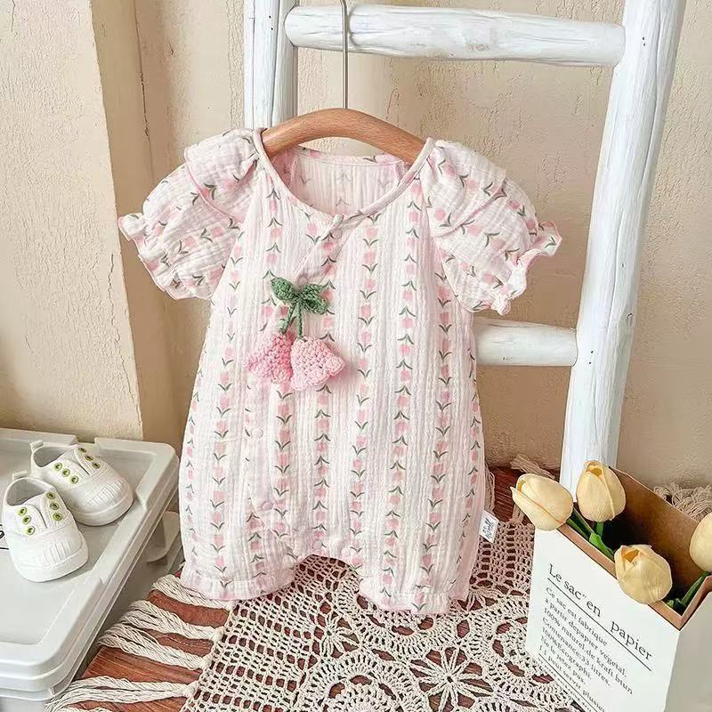 Newborn baby summer outfit set: lightweight summer clothes for baby girls, princess short-sleeve gauze romper, pure cotton summer wear