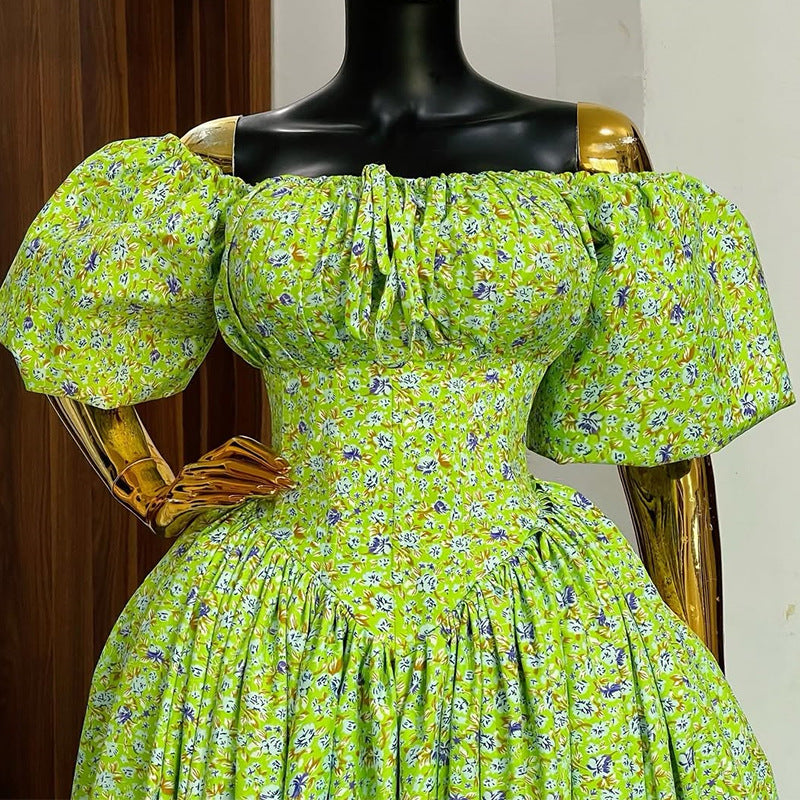 European and american cross-border women's fashion:  summer new arrival - fresh floral print, tie-waist, high-waisted, green midi dress