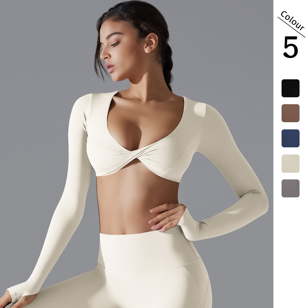 New women's activewear long sleeve top: deep v-neck, slim fit, breathable, trendy cropped yoga top for outdoor workouts
