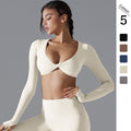 New women's activewear long sleeve top: deep v-neck, slim fit, breathable, trendy cropped yoga top for outdoor workouts