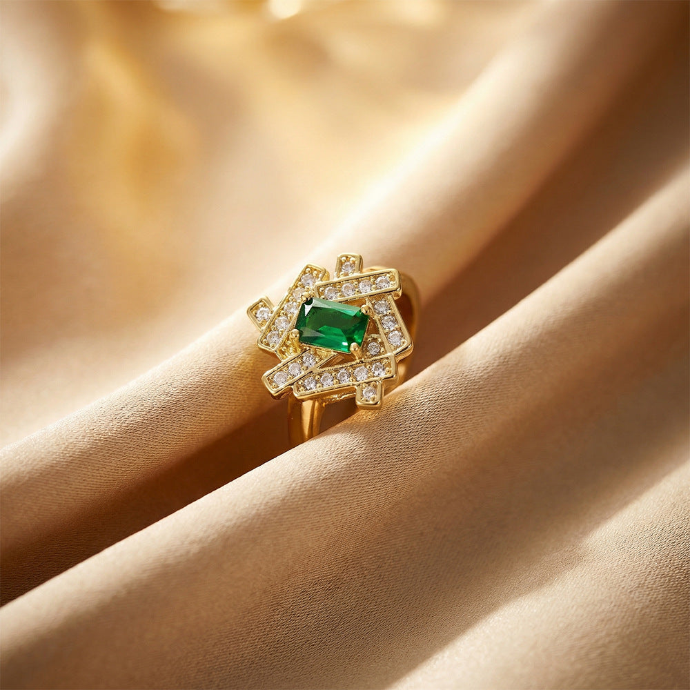 Stylishfashion copper inlaid zirconium emerald geometric necklace women's light luxury easiest for matchelegantcasual non-fading earrings suit