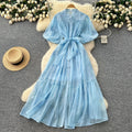 Palace style classy heavy industry embroider puff sleeve dress female summerfrench strap waist single breasted long skirt