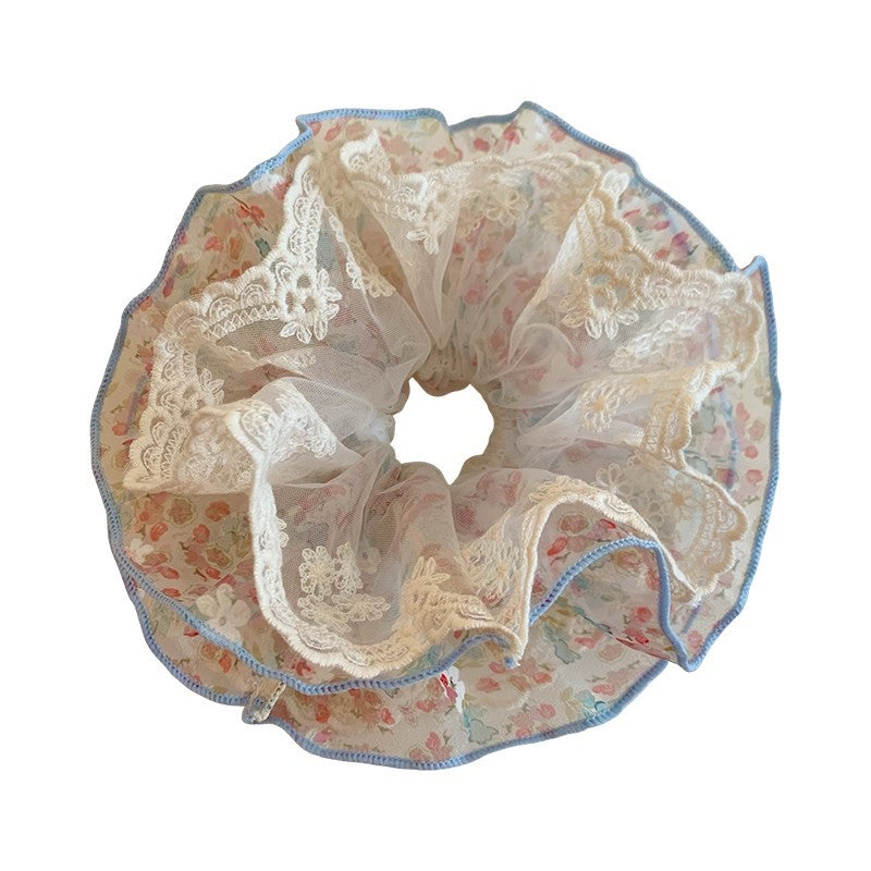 Pink floral mesh large intestine hair tie for women, extra large, high-end, lazy style hair rope, hair accessories, ball head, easiest for match