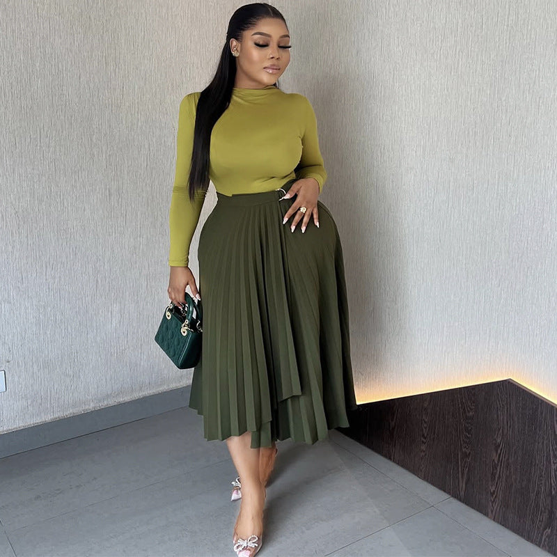 European and American  women's clothing 2025 autumn new fashionable and elegant solid color turtleneck slim-fitting splicing pleated dress