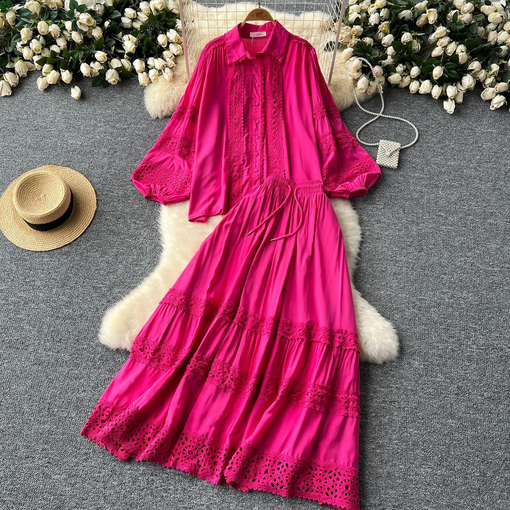 Age-reducing suit for women classy sense cut outlacepatchwork lantern long sleevesshirt + high waistslimming look large swing skirt