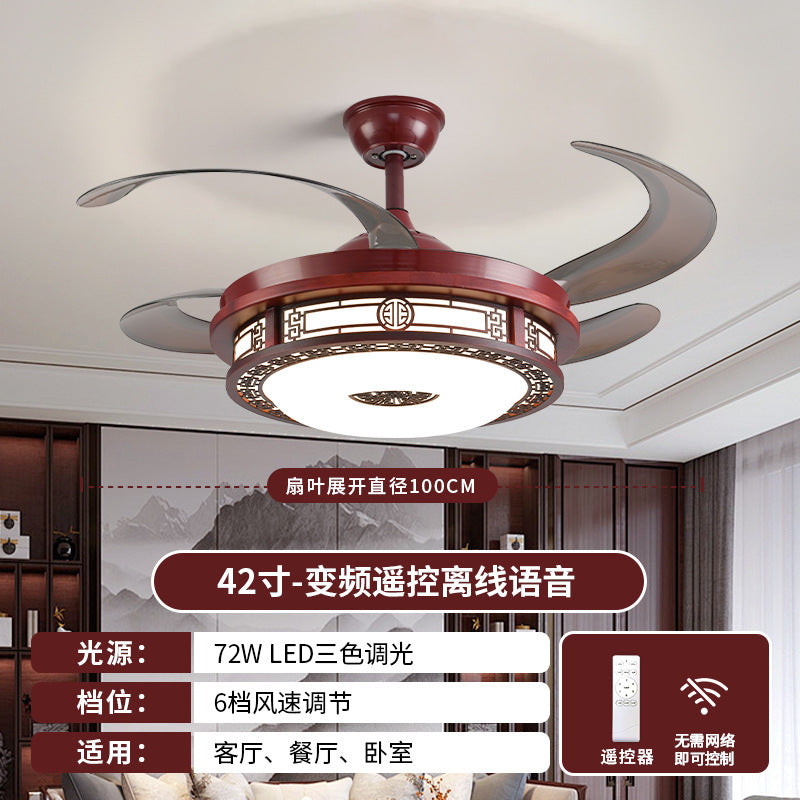 Wood art frequency conversion restaurant invisible ceiling fan light living room lamp solid wood 42 inch 48 Chinese style mahogany Chinese fan light