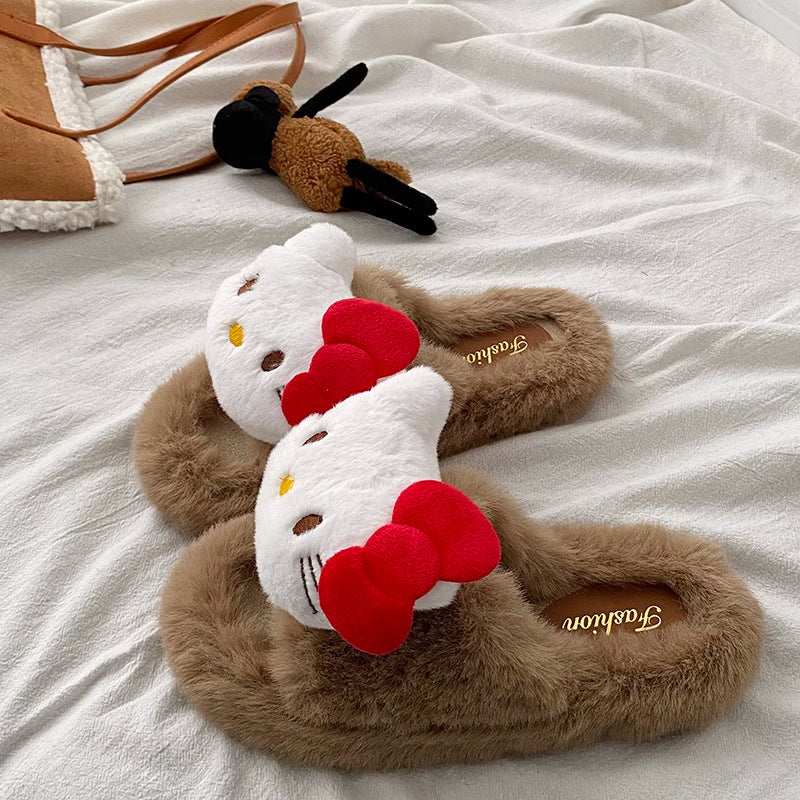 Popular warm trendy versatile cartoon hello kitty thick-soled cotton slippers fuzzy slippers cat autumn and winter women's indoor home slippers