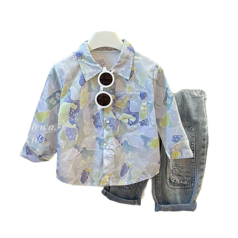 Kids' spring/autumn casual long-sleeve top for boys - toddler & child cotton shirt with all-over cartoon print and turn-down collar