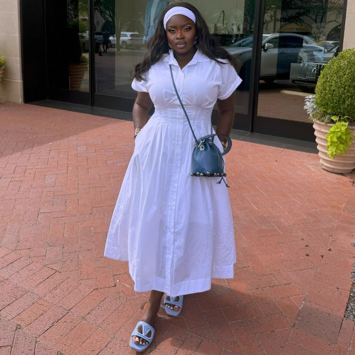 European and American large size solid color lapel short-sleeved cardigan dress women's African high waist temperament thin fashion women's dress