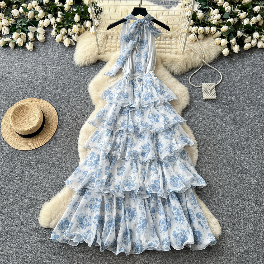 Frenchromantic style v neckhalter floral dress female summer k-stylesweet sleeveless ruffles cake skirt slimming look