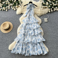 Frenchromantic style v neckhalter floral dress female summer k-stylesweet sleeveless ruffles cake skirt slimming look