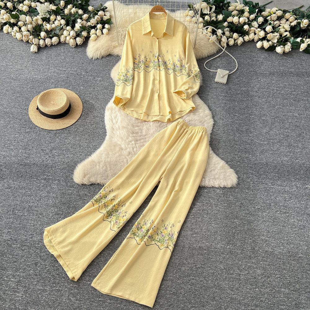 High-end embroidered floral shirt and wide-leg pants set - elegant two-piece outfit for women, new spring collection, commute-friendly, stylish and versatile