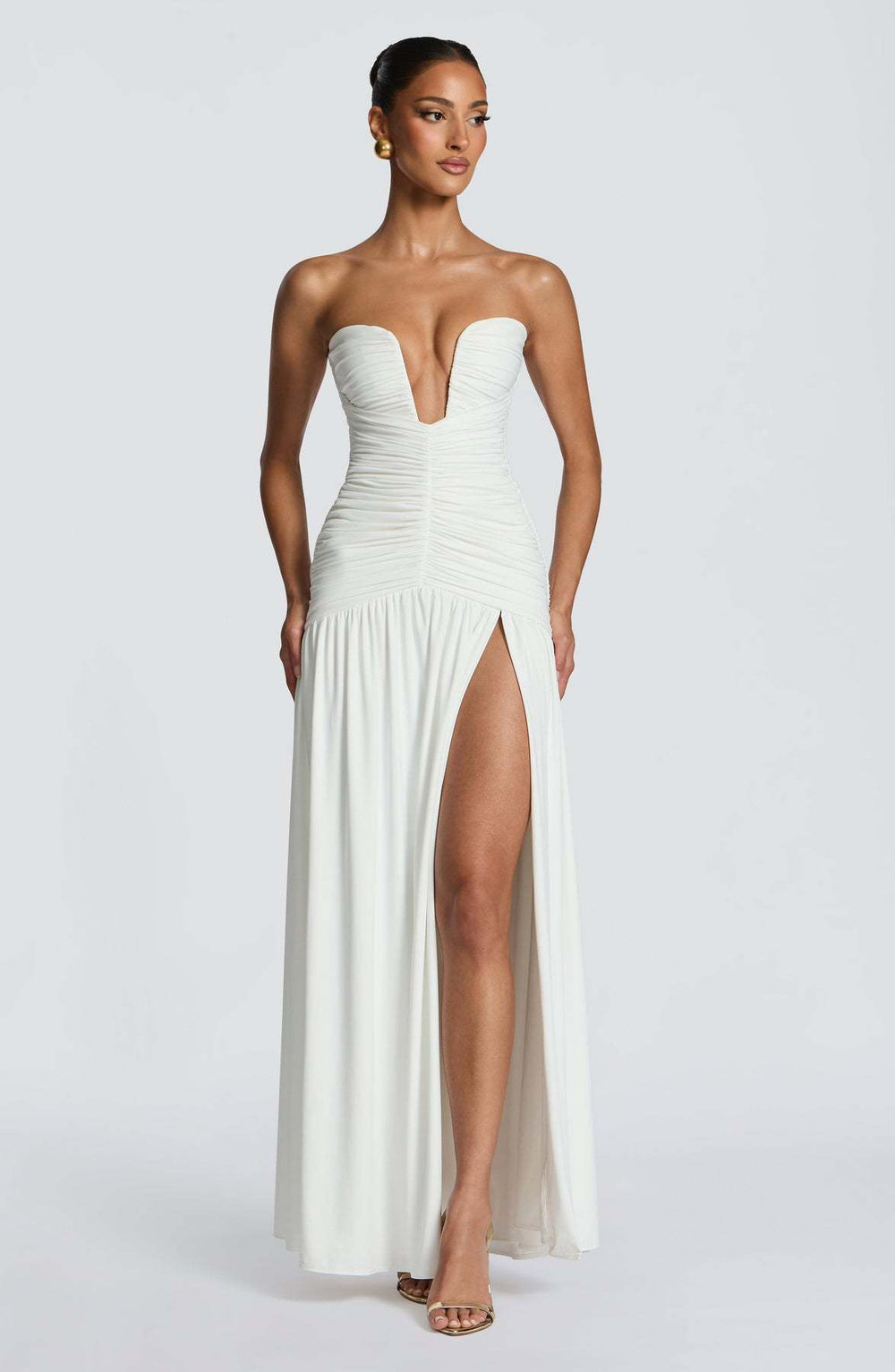 european and american women's clothing  spring/summer new collection: solid color, elegant bandeau, high slit, ruched, sexy bodycon dress