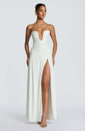 european and american women's clothing  spring/summer new collection: solid color, elegant bandeau, high slit, ruched, sexy bodycon dress