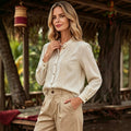 European and american lazy style off-white stand collar shirt with pleated design, button-down long sleeves, and a relaxed fit