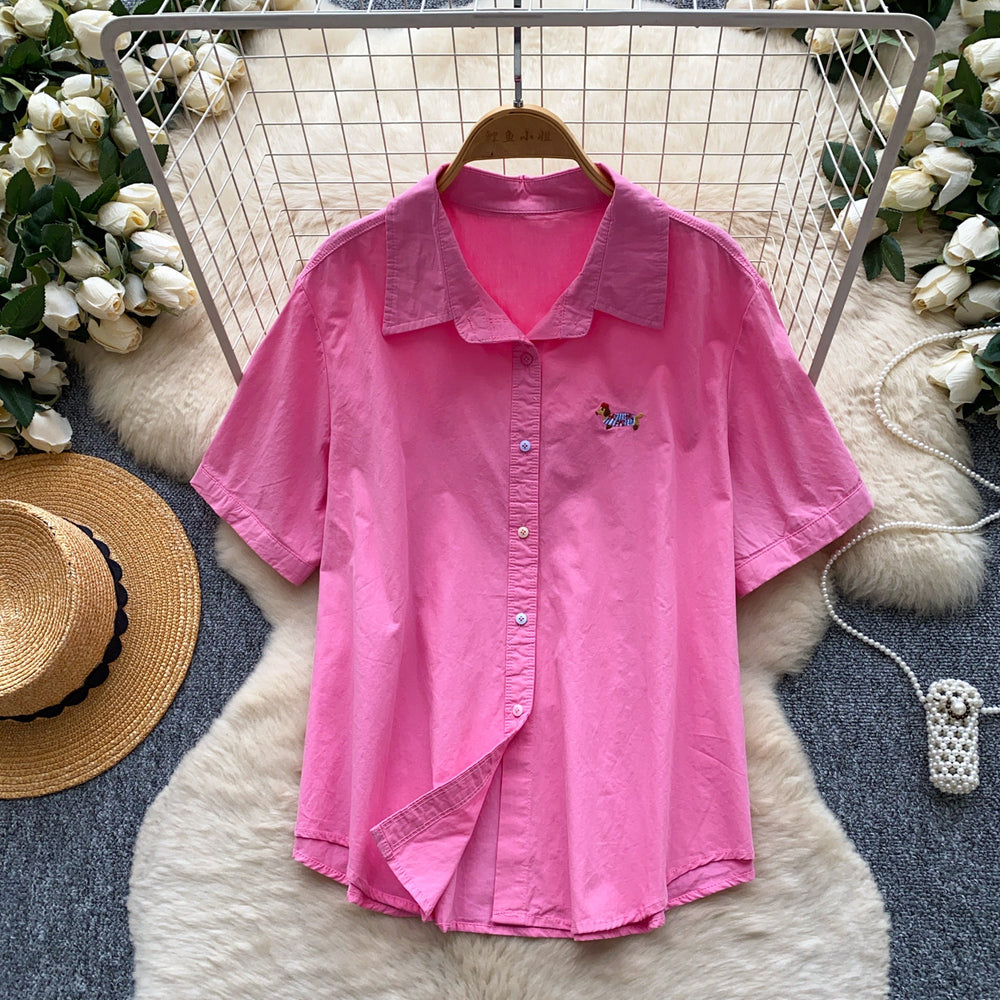 K-style pink polo collar small spur embroider short-sleeved shirt women's summernew arrivallooseeasiest for matchslimming looktops