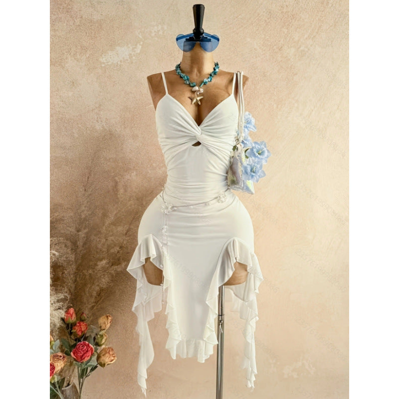 Women's new summer romantic vacation solid color mesh twist knot asymmetrical hem midi slip dress