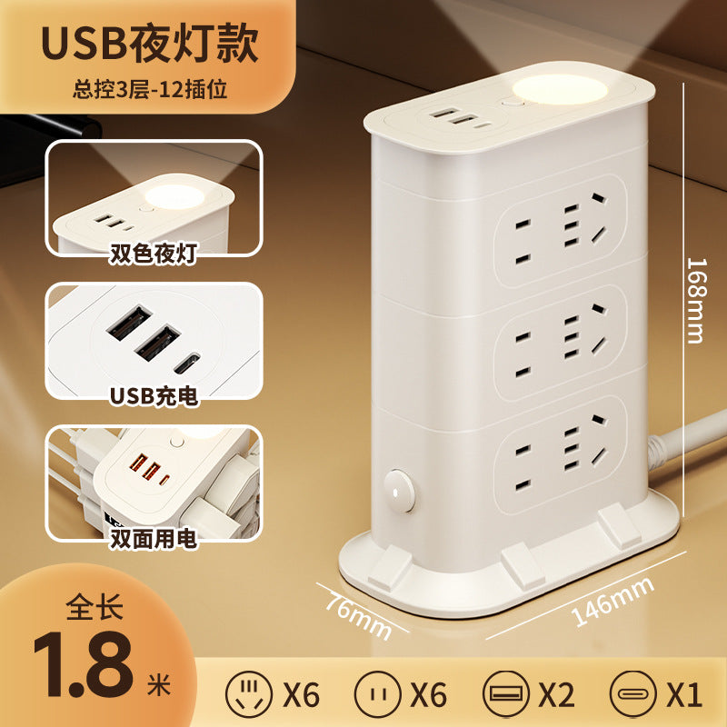 Multi-functional usb power strip socket - dorm room student power strip with long cord, home office desk panel with clock and night light
