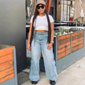 European and american style denim workwear pants  cross-border new arrival women's american street style large flap pocket pants high waiststraight-leg pants