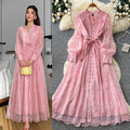 French court style v-neck lace embroidered dress - women's summer long sleeve, slimming a-line maxi dress, elegant and chic