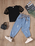 European and american style girls' summer lace patchwork sleeve top + heavy-duty washed denim pants set with belt