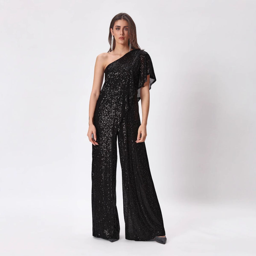 European and american cross-border women's high-end sleeveless bodycon belted dress, amazon one-shoulder sequin ruched jumpsuit