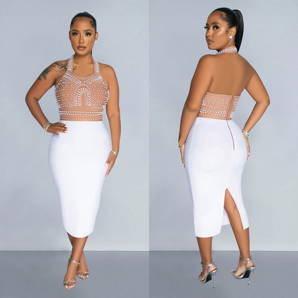 C6873 cross-border   fashion women's solid color mesh rhinestone halter maxi dress