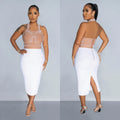 C6873 cross-border   fashion women's solid color mesh rhinestone halter maxi dress