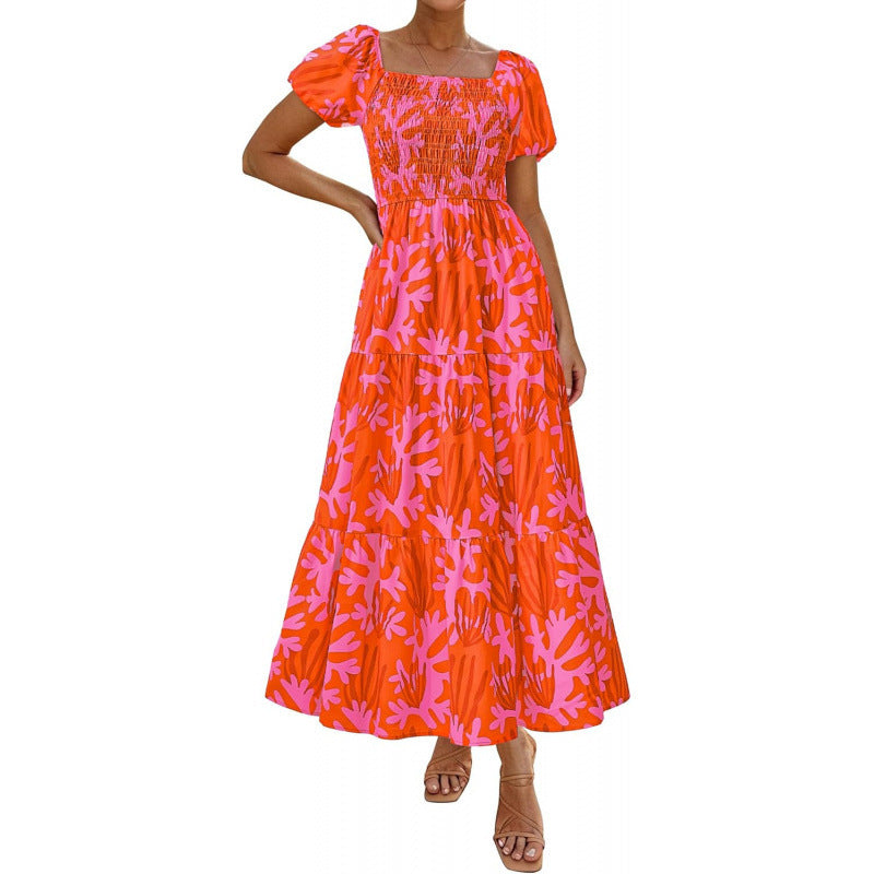 Amazon fashion short-sleeved square neck pleated dresssummernew arrivala-line elegant beach skirt